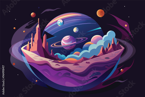 A surreal floating island in space surrounded by colorful planets and distant stars during a vibrant cosmic scene