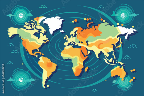 Colorful world map highlighting geographical features, landmarks, and major cities with artistic design elements, showcasing different regions during bright daylight