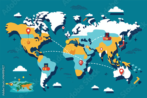 Colorful world map illustration showcasing various countries with marked locations, transport routes, and symbols representing global travel and exploration, designed for educational use