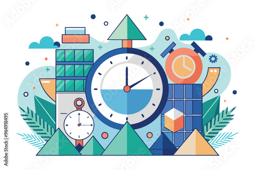 Colorful geometric design featuring a clock, abstract shapes, and playful elements set against a light blue background with symbols of time and measurement