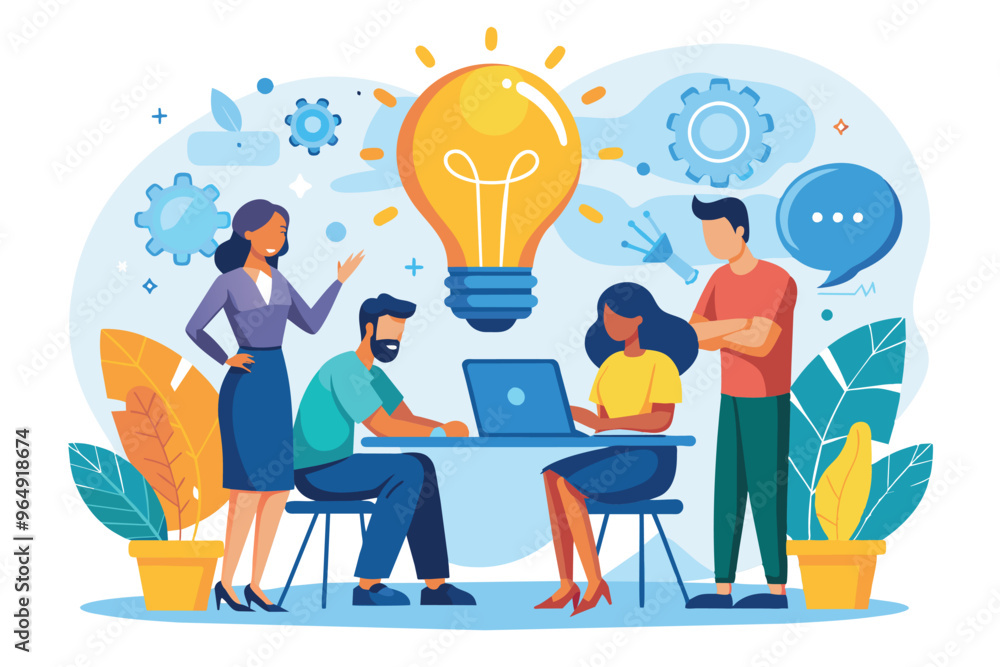Creative brainstorming session in a modern office setting with three colleagues discussing ideas around a laptop and a light bulb symbolizing innovation Creative brainstorming session in a modern office setting with three colleagues discussing ideas around a laptop and a light bulb symbolizing innovation