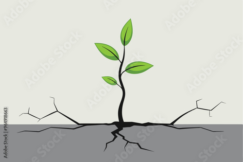 A resilient green sprout emerges from cracked earth, symbolizing hope and renewal in a barren landscape, showcasing nature's persistence against adversity