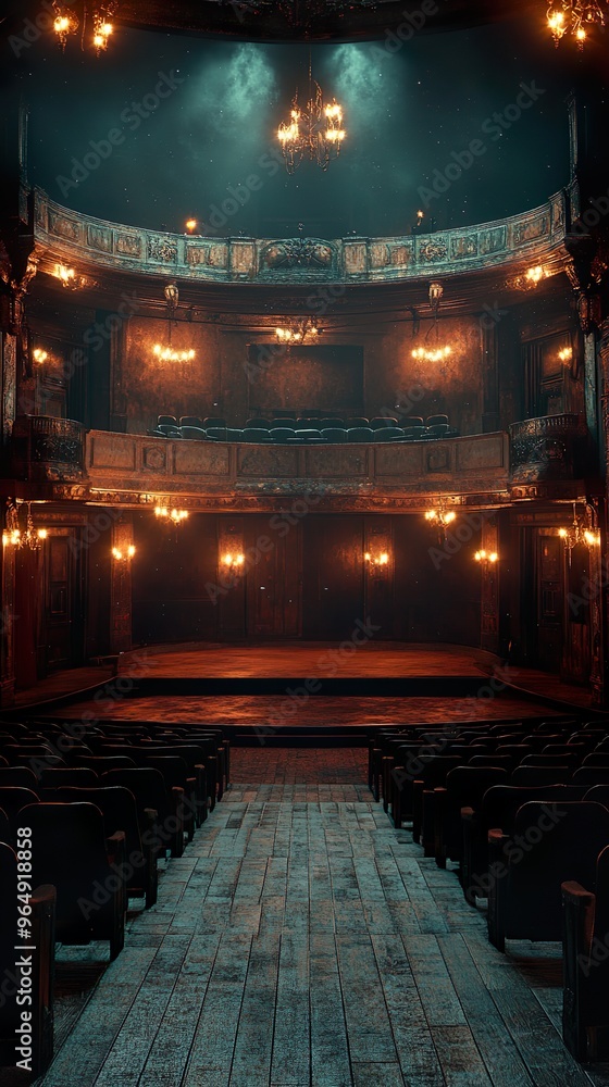 Obraz premium Lonely spotlight shining on a quiet stage in a deserted theater wallpaper
