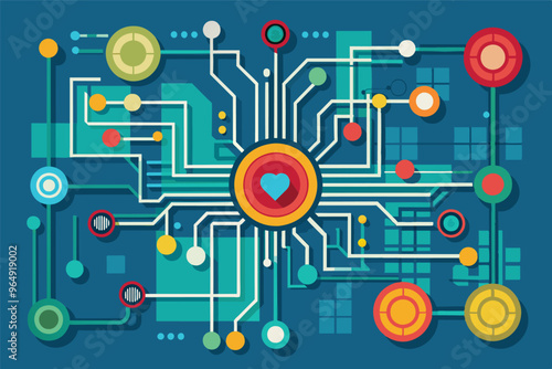 A colorful abstract network design featuring various shapes, lines, and connections on a blue background representing technology and digital communication