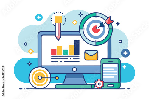 A digital workspace showcasing a laptop with graphical elements, illustrating productivity, communication, and analytics tools during a creative brainstorming session