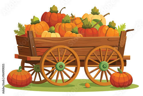 A wooden cart filled with assorted pumpkins showcasing vibrant colors during the autumn season in a farm setting