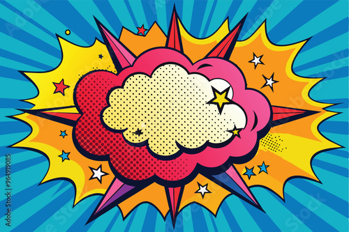 Brightly colored comic-style explosion with stars and lightning bolts set against a vibrant blue background depicting excitement and energy