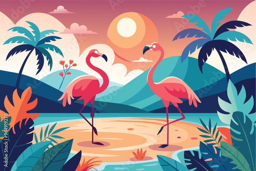 Playful flamingos gather by a tropical lagoon surrounded by lush palms and mountains during a bright sunny day