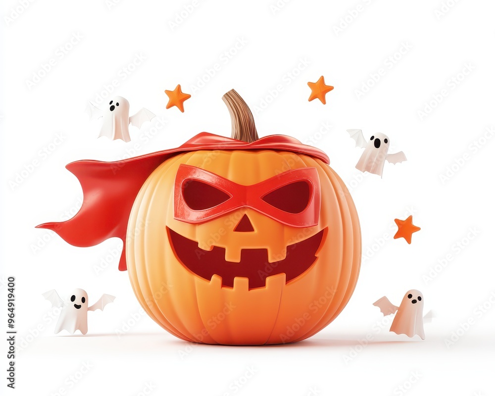 Fototapeta premium Jack-o'-lantern Superhero with Flying Ghosts and Stars
