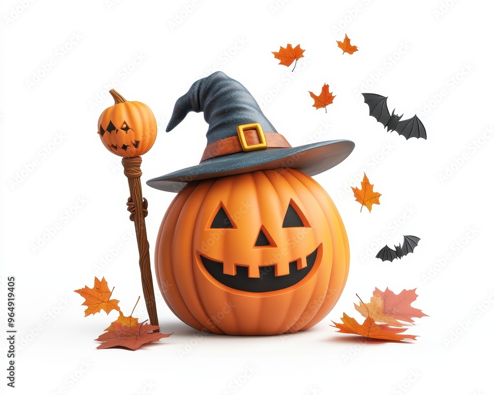 A Smiling Jack-o'-Lantern Wearing a Witch's Hat with Bats and Fall Leaves A Smiling Jack-o'-Lantern Wearing a Witch's Hat with Bats and Fall Leaves
