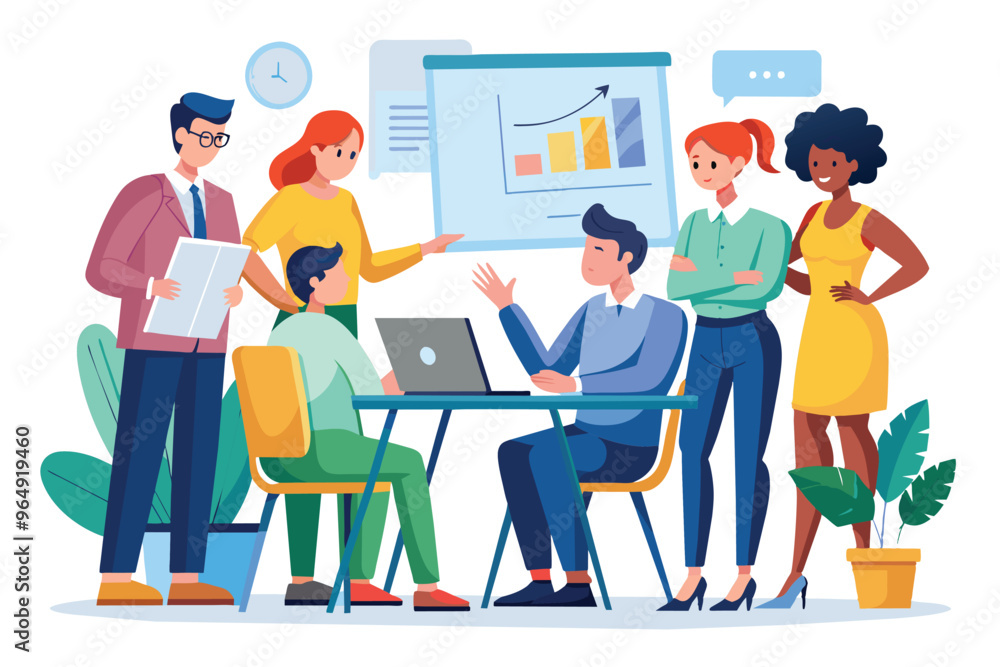 A diverse group of colleagues engaging in a collaborative discussion about data analysis in an office environment A diverse group of colleagues engaging in a collaborative discussion about data analysis in an office environment