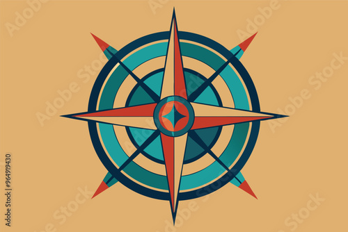 A colorful compass design with sharp points and vivid colors representing direction and exploration