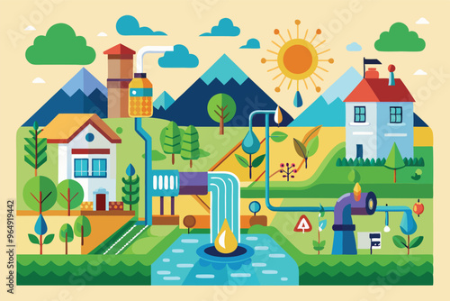A vibrant illustration depicting a rural landscape with a water treatment facility, sustainable farming practices, and sunlit surroundings in a serene environment