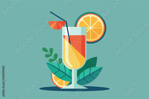 A colorful tropical cocktail garnished with an umbrella and citrus slices sits on a vibrant backdrop, perfect for summer relaxation at the beach or a poolside gathering