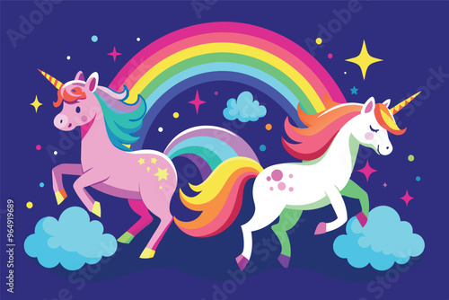 Colorful unicorns prancing under a vibrant rainbow with magical stars in a nighttime sky filled with wonder and joy