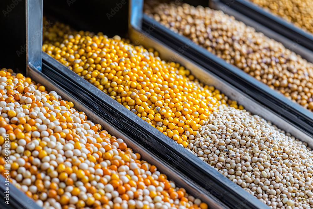 close-up of various grains - corn, wheat, and soybeans - being loaded simultaneously into different holds of the same ship
