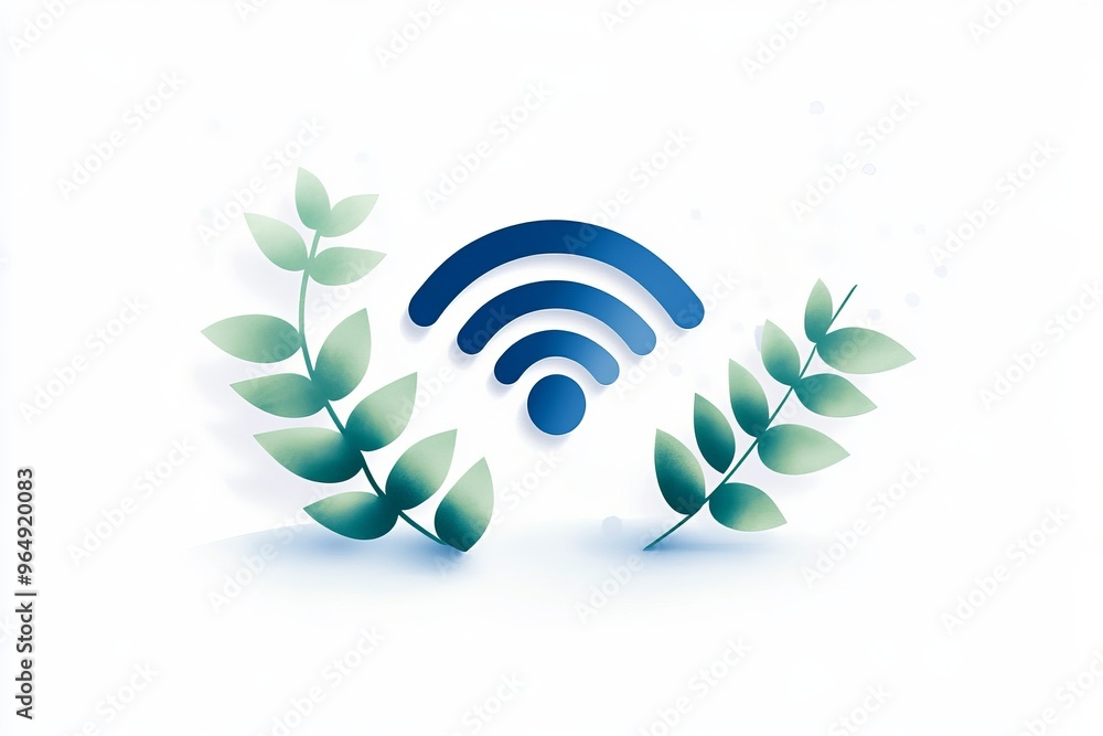 A modern design featuring a wireless signal symbol surrounded by green leaves, symbolizing connectivity and nature.