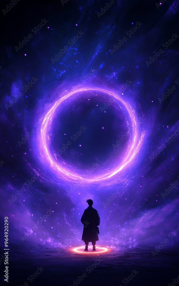 A mystical figure stands before a glowing portal, enveloped in vivid purple light amidst a starry backdrop, inspiring wonder. A mystical figure stands before a glowing portal, enveloped in vivid purple light amidst a starry backdrop, inspiring wonder.