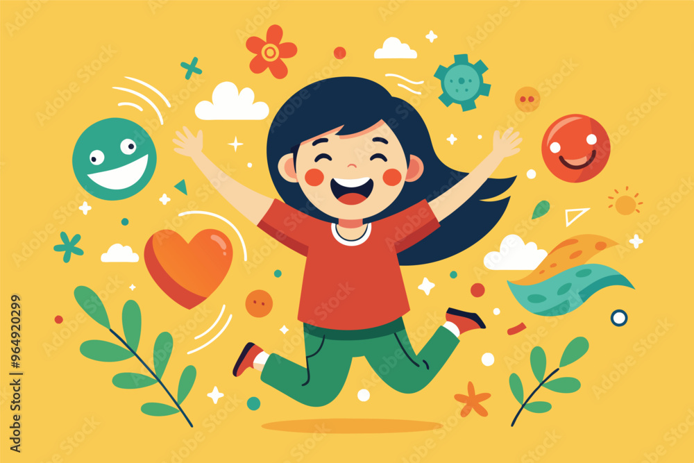 A joyful child jumps with excitement in a colorful illustration surrounded by cheerful elements like sunshine, smiles, and green nature, conveying happiness and playfulness A joyful child jumps with excitement in a colorful illustration surrounded by cheerful elements like sunshine, smiles, and green nature, conveying happiness and playfulness