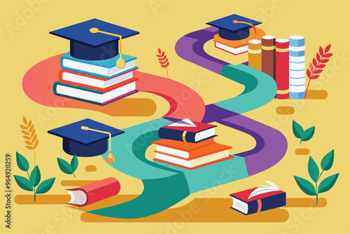 A colorful pathway through piles of books leading to a graduation cap symbolizes the journey of education and learning in a vibrant landscape