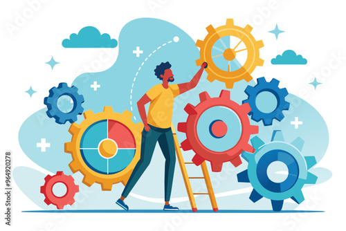 A person adjusting colorful gears while standing on steps in a modern, abstract setting with clouds and greenery, symbolizing progress and creativity