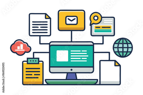 A colorful representation of data management showcasing a computer connected to various documents, gears, and cloud storage, symbolizing the integration of technology and information exchange