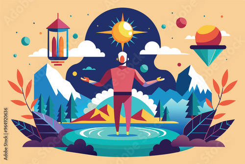 A cosmic figure prepares a vibrant concoction while surrounded by mountains, planets, and a colorful celestial backdrop during a surreal gathering of elements