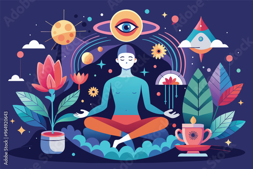 Surreal landscape with a figure representing self-discovery, surrounded by vibrant nature and cosmic elements in an imaginative dreamlike setting