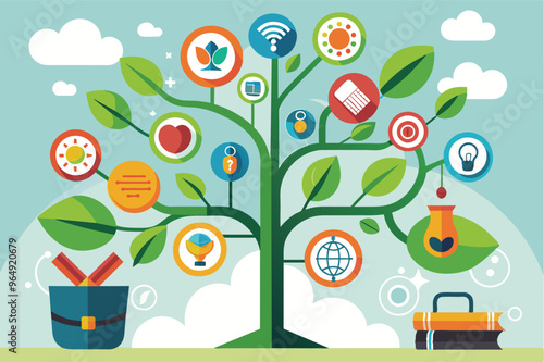 A vibrant illustration of a tree symbolizing growth, knowledge, and community engagement through various icons representing collaboration, innovation, and environmental awareness