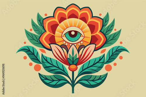 A vibrant flower design featuring intricate petals and leaves against a blue background, showcasing artistry inspired by nature in a colorful and lively presentation
