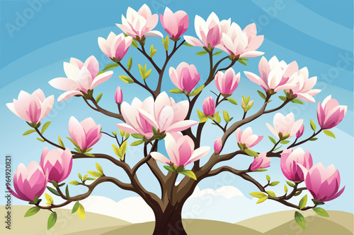 A vibrant magnolia tree with blooming pink flowers stands majestically against a bright blue sky adorned with soft clouds in a serene landscape during springtime