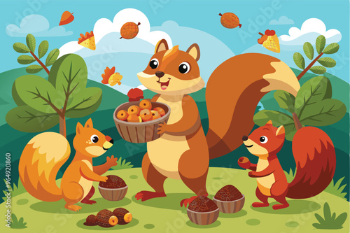 A cheerful fox shares acorns with playful squirrels in a sunny forest setting surrounded by trees and a bright blue sky during a lovely day
