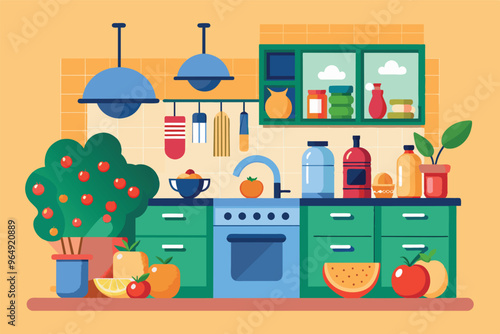 A vibrant kitchen setting showcasing fresh fruits, vegetables, and kitchenware with colorful cabinets and hanging lights during daylight