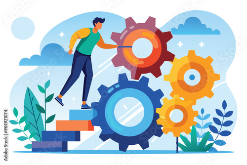 A person adjusting colorful gears while standing on steps in a modern, abstract setting with clouds and greenery, symbolizing progress and creativity