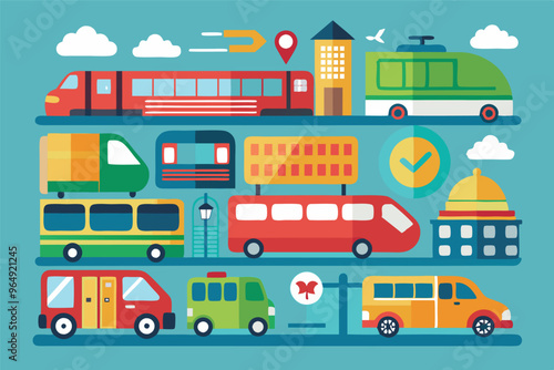 Colorful illustration of various modes of public transportation including buses, trains, and trams against a blue background highlighting urban settings and landmarks