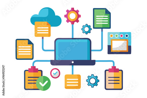 A colorful representation of data management showcasing a computer connected to various documents, gears, and cloud storage, symbolizing the integration of technology and information exchange