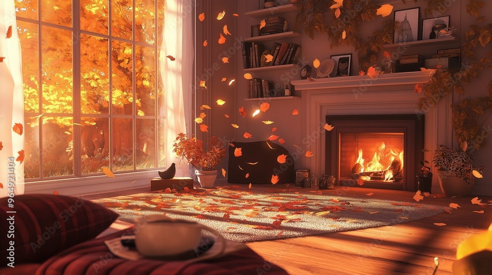 Obraz premium Bright autumn living room with falling leaves and warm fireplace