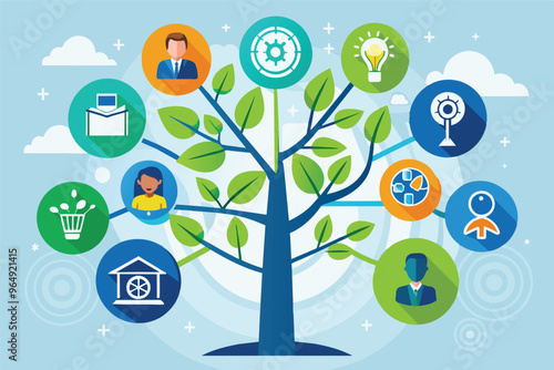A vibrant illustration of a tree symbolizing growth, knowledge, and community engagement through various icons representing collaboration, innovation, and environmental awareness