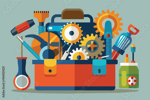 A colorful toolbox filled with various tools, gears, and a jar of supplies sits on a light blue background, representing the essence of DIY projects and craftsmanship during the daytime