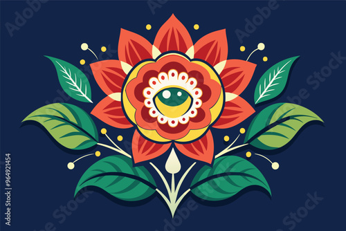 A vibrant flower design featuring intricate petals and leaves against a blue background, showcasing artistry inspired by nature in a colorful and lively presentation