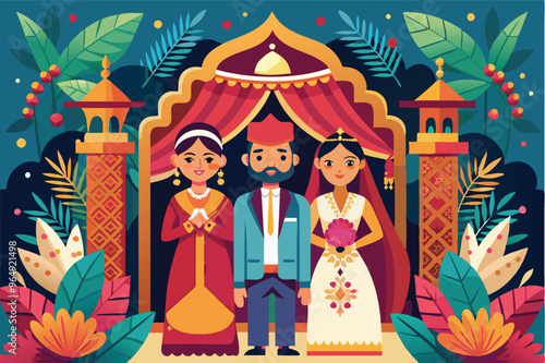 Colorful traditional wedding celebration with a groom and brides in vibrant attire against a beautifully decorated backdrop
