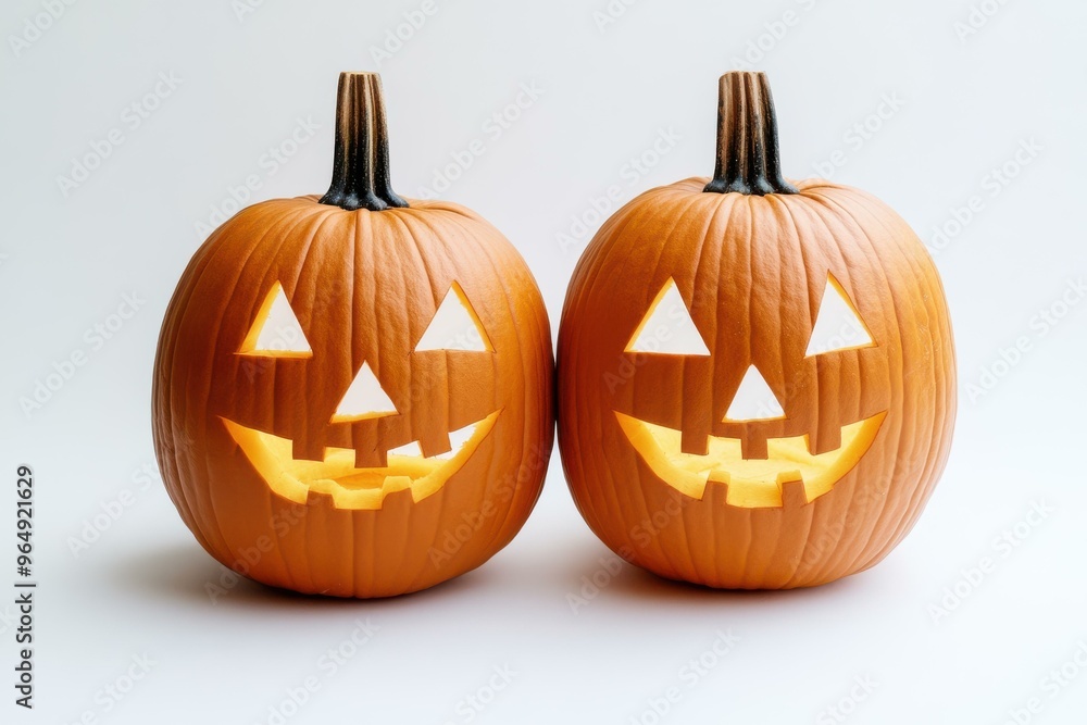 2 Cheerful Halloween Jack-o'-Lanterns with Smiling Faces 2 Cheerful Halloween Jack-o'-Lanterns with Smiling Faces