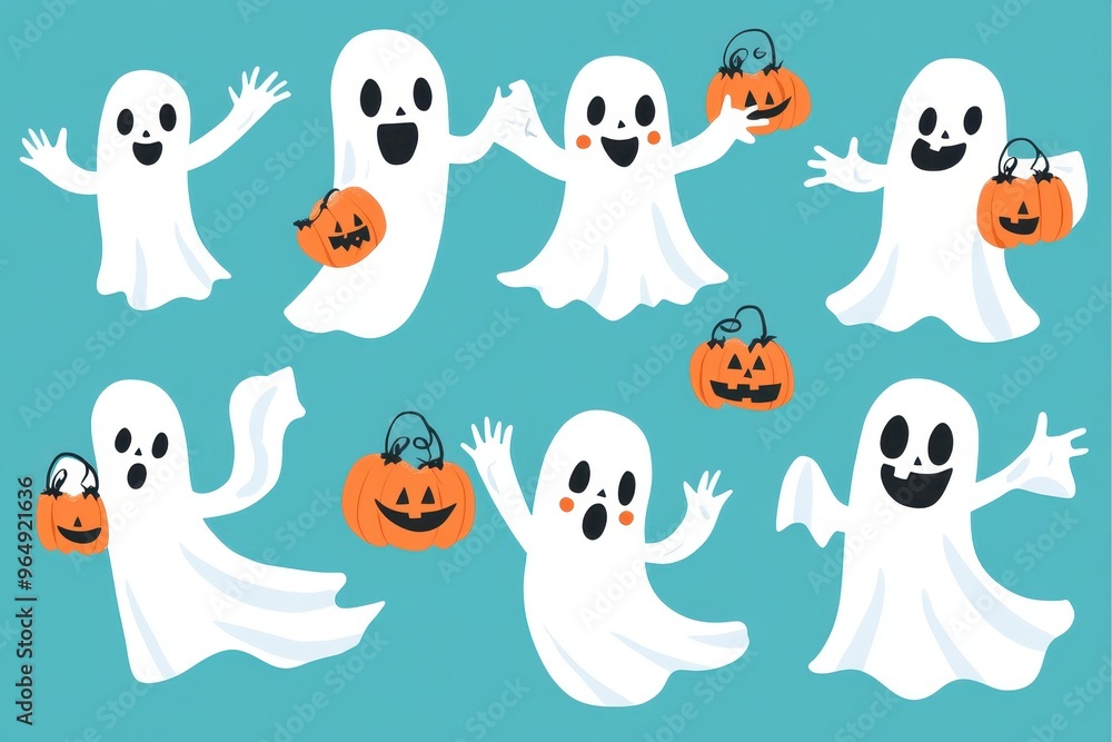 Friendly Ghosts Holding Jack-O-Lantern Pumpkins Friendly Ghosts Holding Jack-O-Lantern Pumpkins