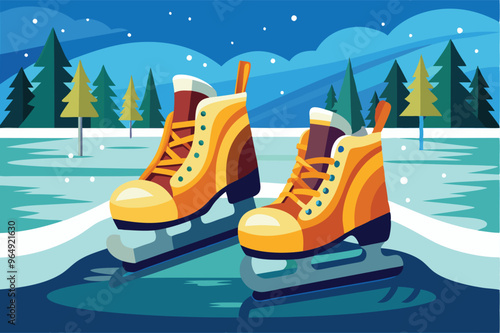 Colorful ice skates resting on a frozen lake surrounded by a serene winter landscape with snow-covered trees and a clear blue sky at twilight