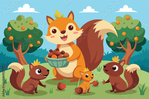 A cheerful fox shares acorns with playful squirrels in a sunny forest setting surrounded by trees and a bright blue sky during a lovely day