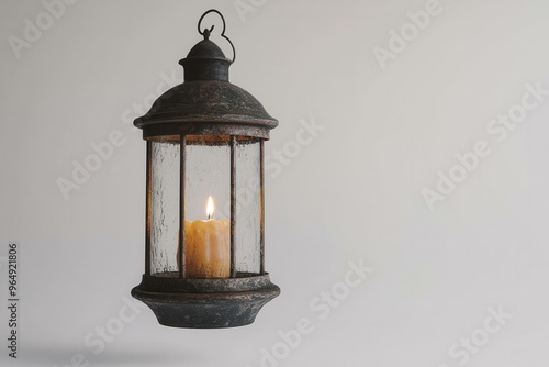 Rustic Vintage Lantern with Candle on Plain Grey Background