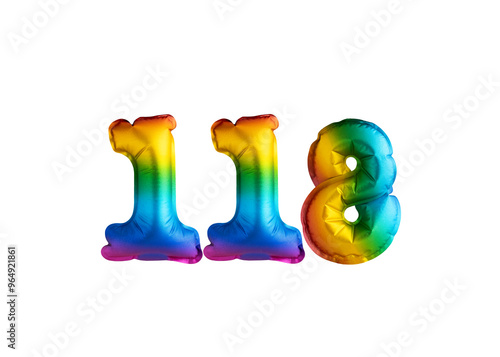 Multicolored balloon for number 118 celebration. Happy birthday on white background