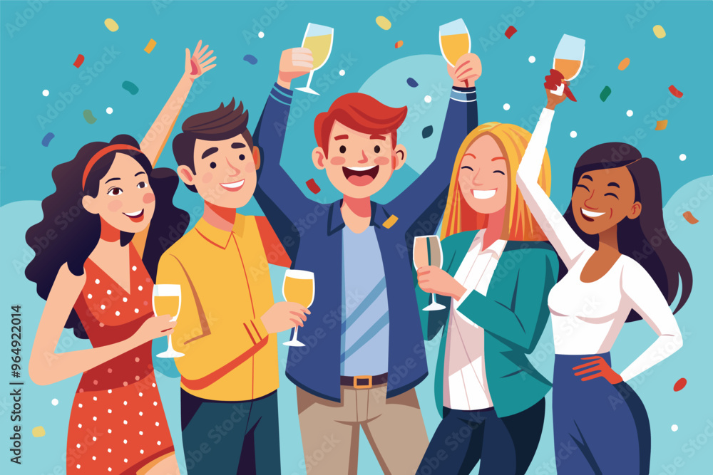 A joyful group of friends celebrates a special occasion, raising glasses filled with sparkling drinks amidst colorful confetti in a lively gathering A joyful group of friends celebrates a special occasion, raising glasses filled with sparkling drinks amidst colorful confetti in a lively gathering