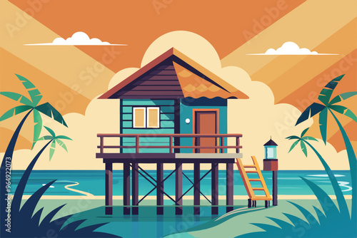A vibrant, tropical house on stilts by the sea during sunset, surrounded by palm trees and a serene atmosphere inviting relaxation
