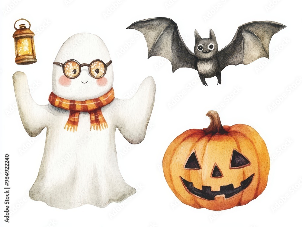 Watercolor Illustration of Halloween Characters and Objects Watercolor Illustration of Halloween Characters and Objects